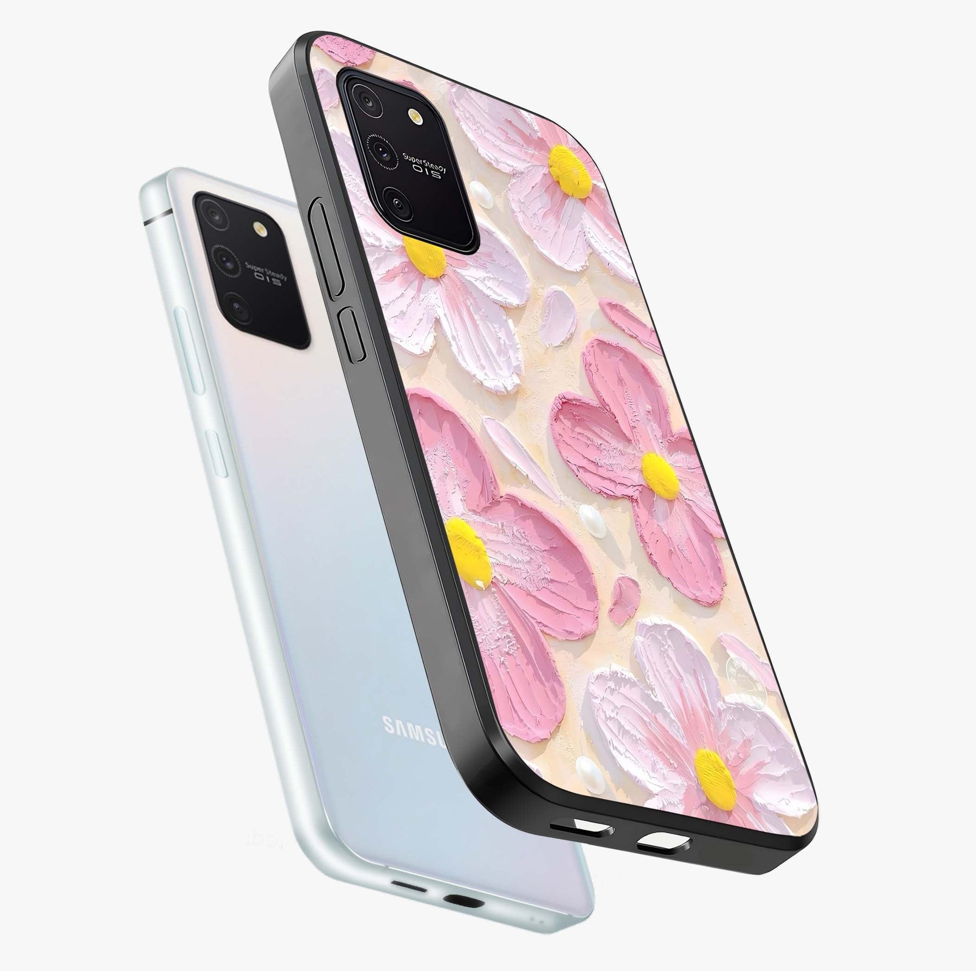 Blush Bloom Texture Glass Case displayed in angled mockup highlighting subtle bloom pattern with aesthetic pastel design.