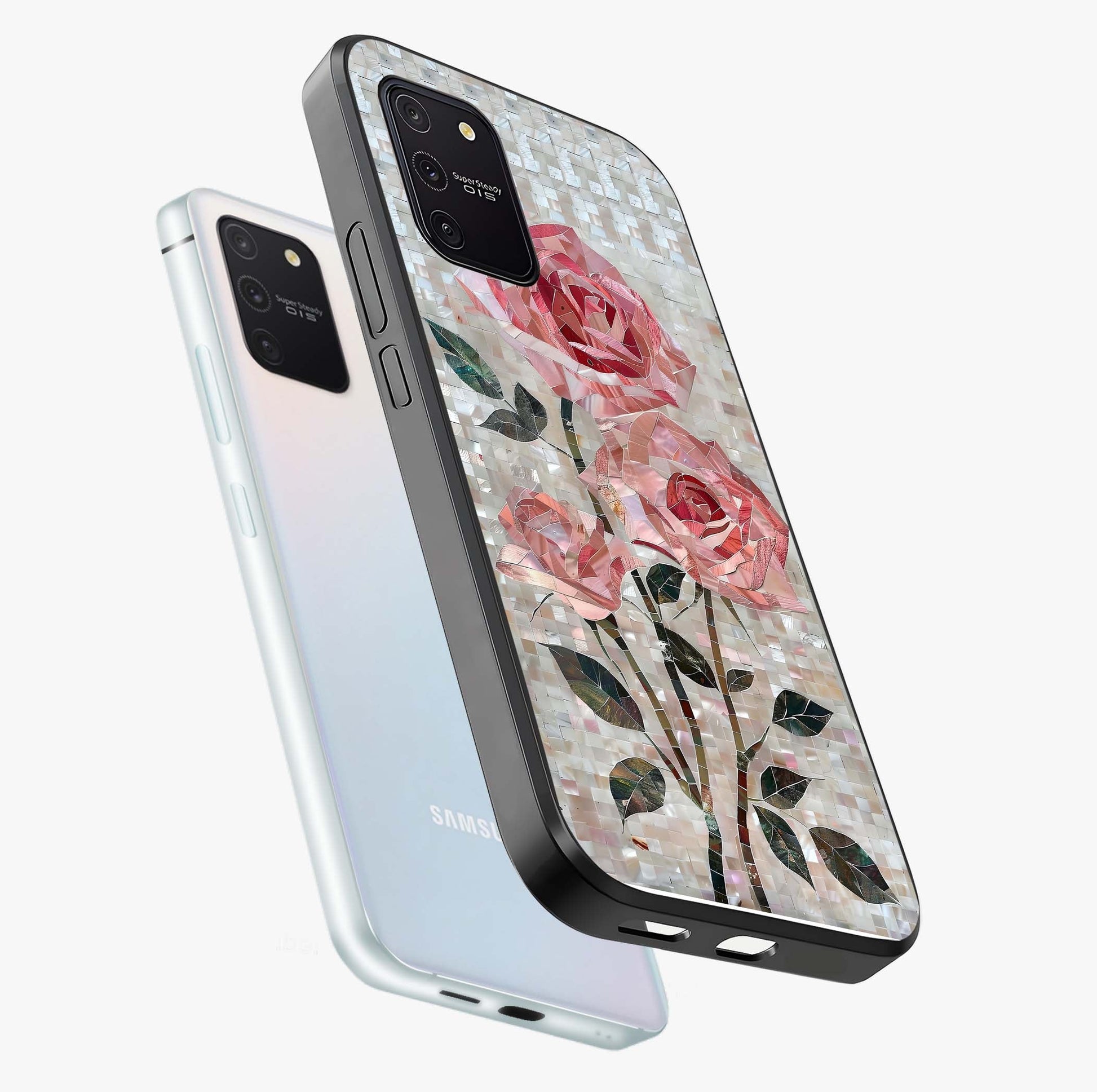 Blush Mosaic Bloom Glass Case displayed in angled mockup highlighting artistic mosaic flower pattern with aesthetic design.