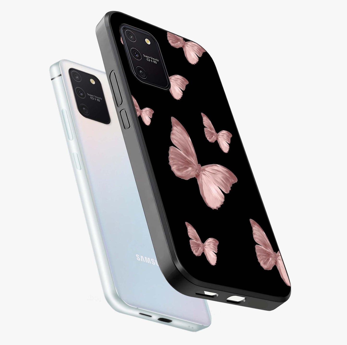 Butterfly Pattern Glass Case displayed in angled mockup highlighting delicate butterfly design and aesthetic pattern style.