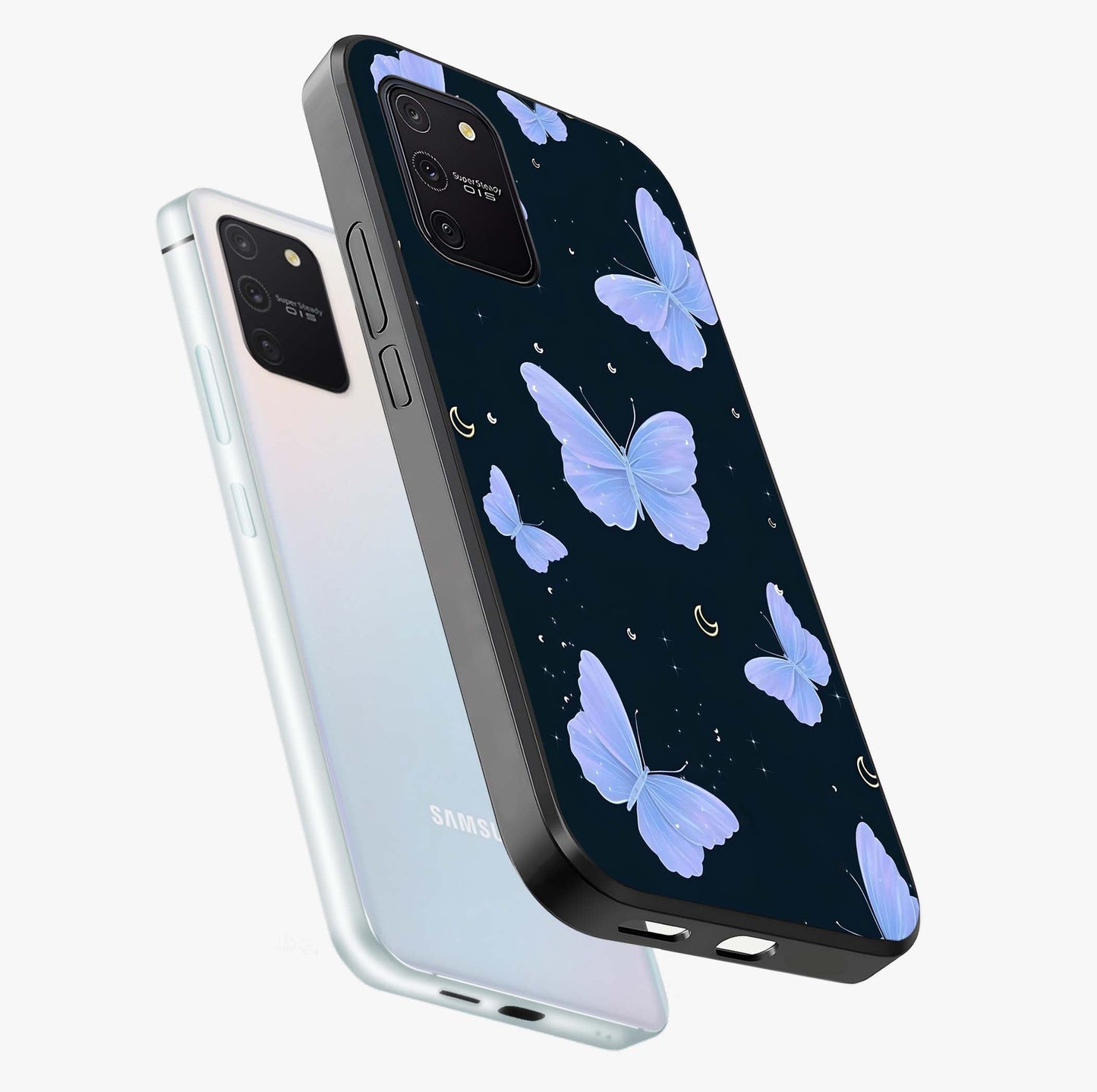 Butterfly With Stars Pattern Glass Case displayed in angled mockup highlighting dreamy butterfly and star design with aesthetic theme.