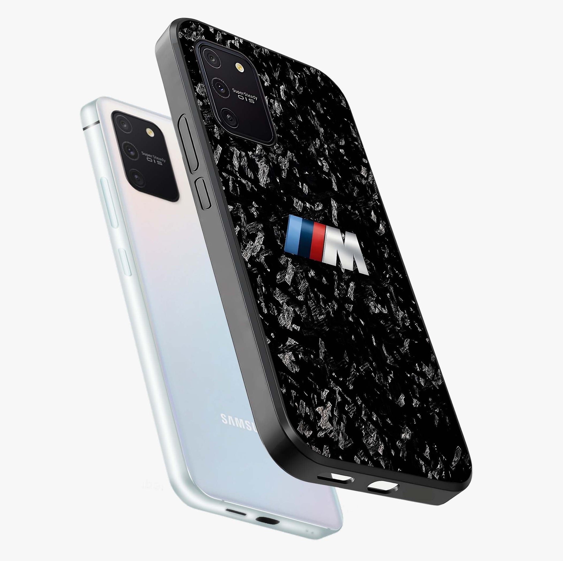 Carbon Speed Mark Glass Case displayed in angled mockup highlighting racing inspired carbon design and sleek aesthetic style.