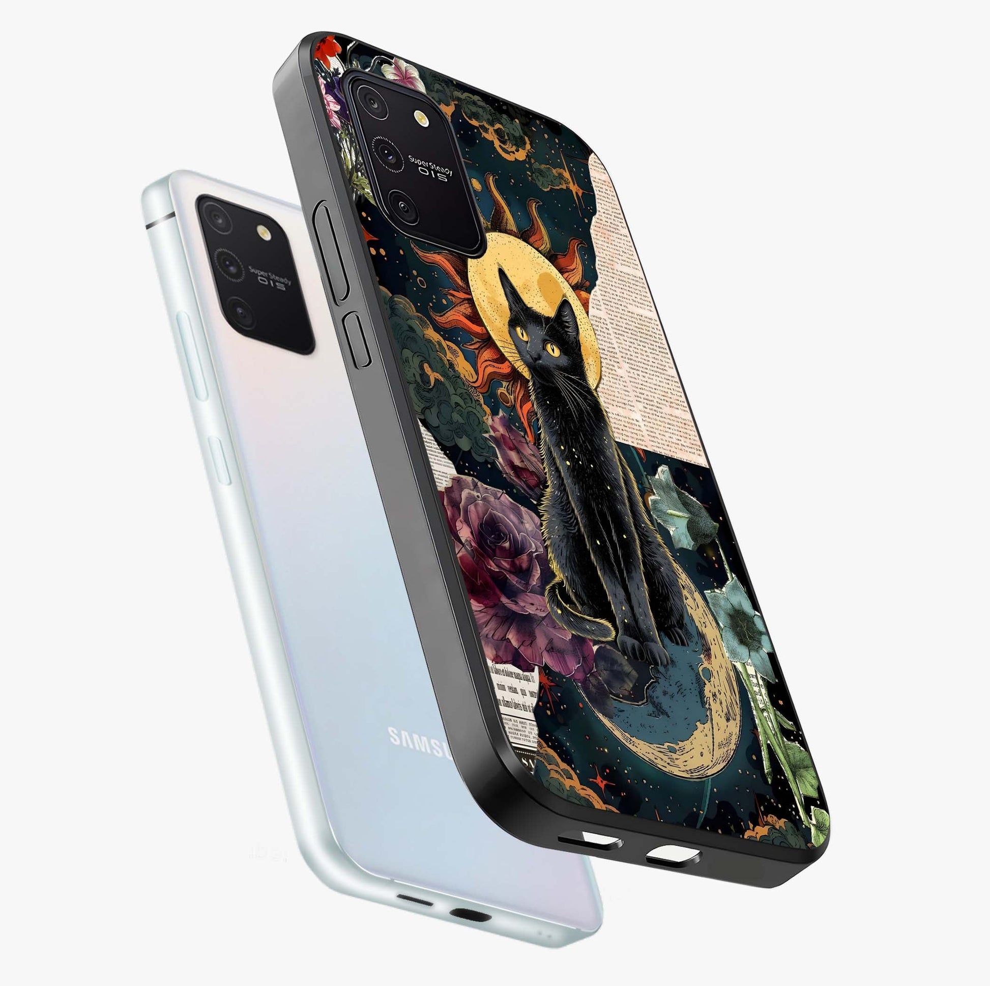 Celestial Black Cat Glass Case displayed in angled mockup highlighting cosmic black cat design with celestial aesthetic.