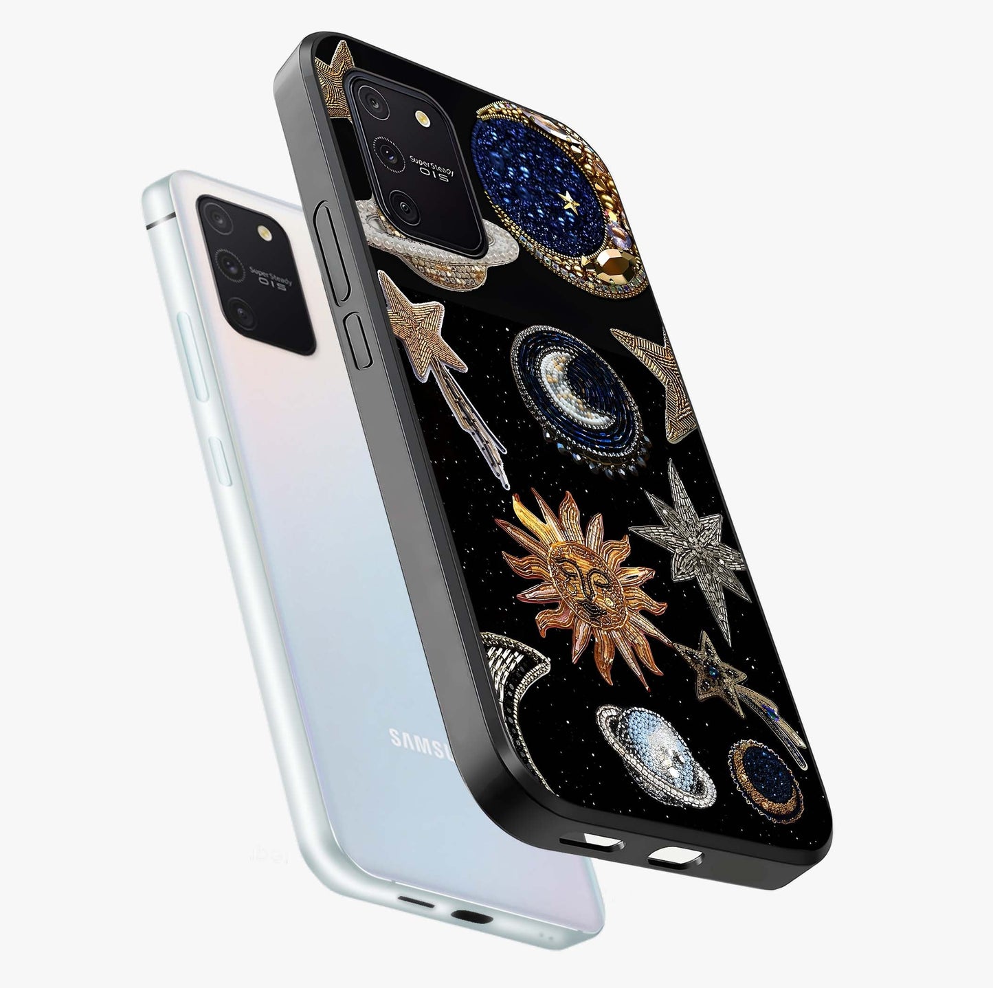 Celestial Gem Constellations Glass Case displayed in angled mockup highlighting gemstone inspired constellation design.