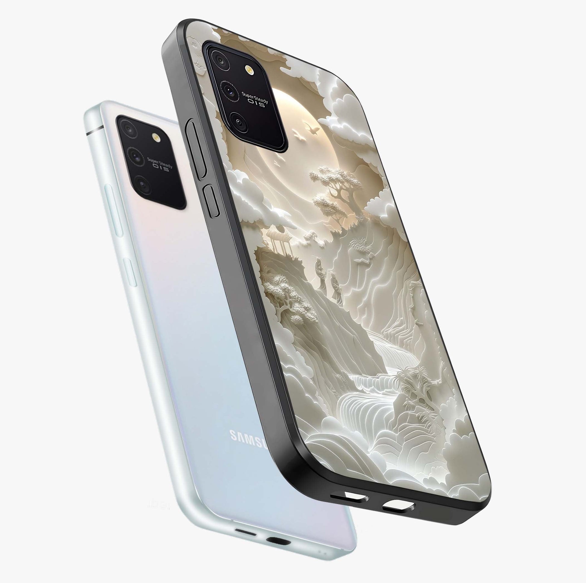 Celestial Origami Glass Case displayed in angled mockup highlighting geometric origami design with cosmic aesthetic theme.