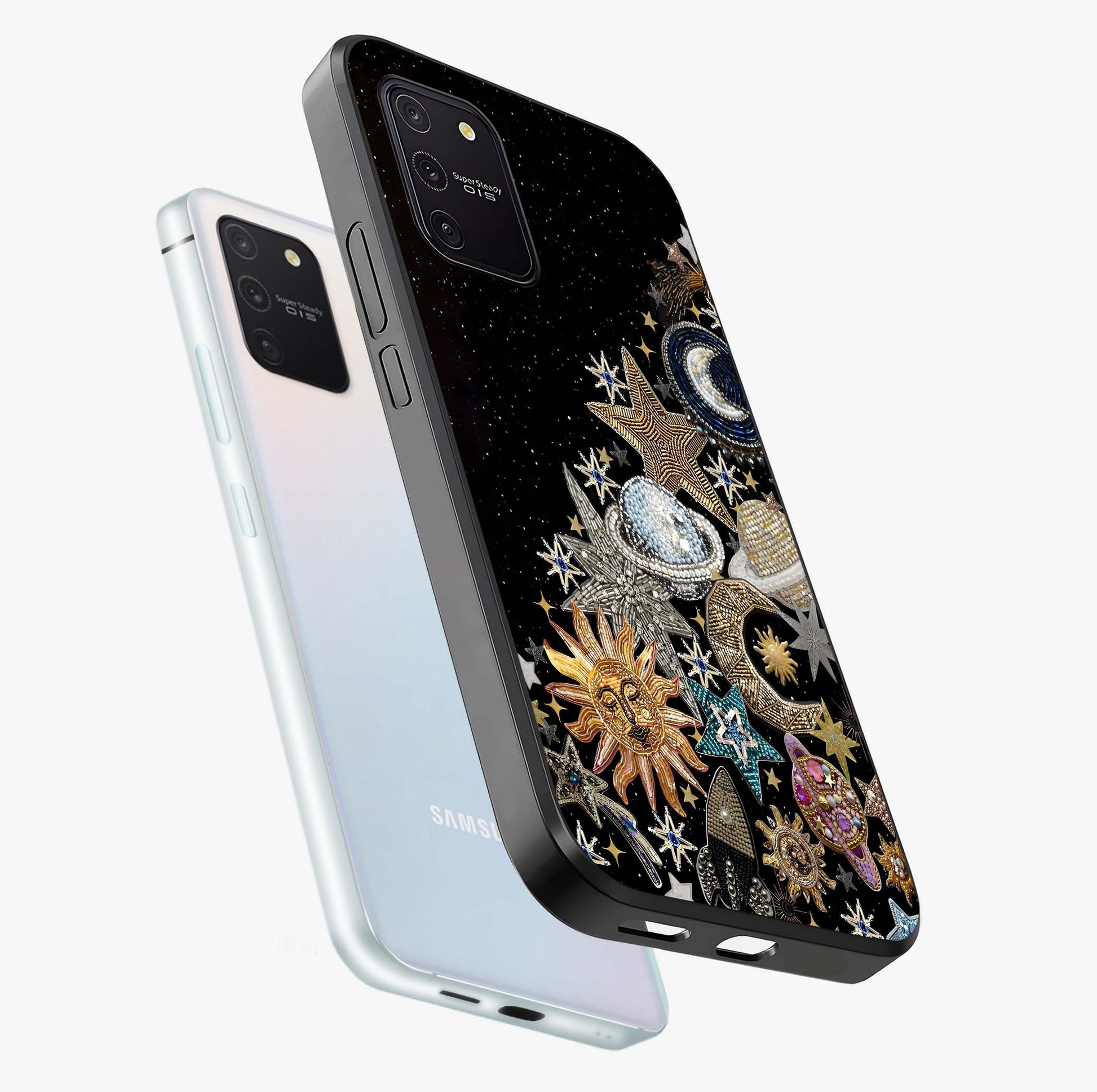 Cosmic Sparkle Dreams Glass Case displayed in angled mockup highlighting dreamy star sparkle design with celestial aesthetic.