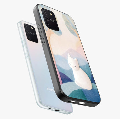 Cotton Dream Cat Glass Case displayed in angled mockup highlighting cute feline illustration with pastel aesthetic style.
