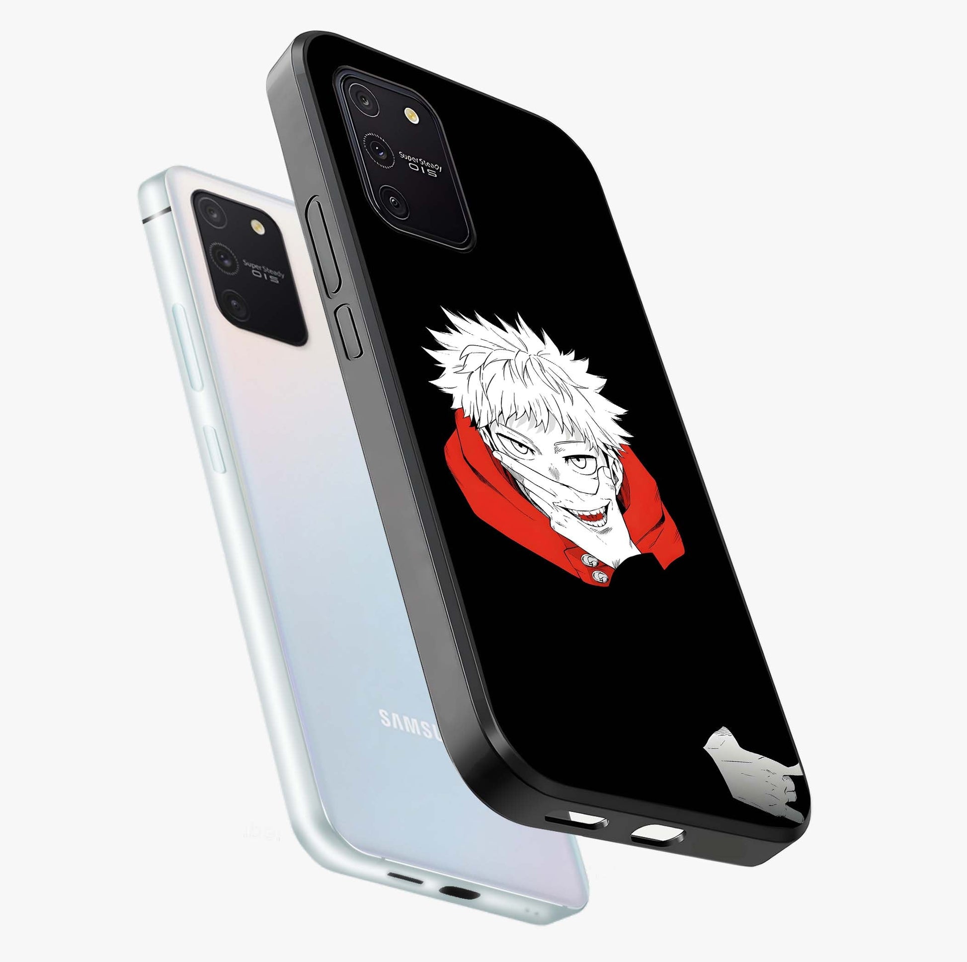 Crimson Chaos Smile Glass Case displayed in angled mockup highlighting edgy crimson smile design with graphic aesthetic.