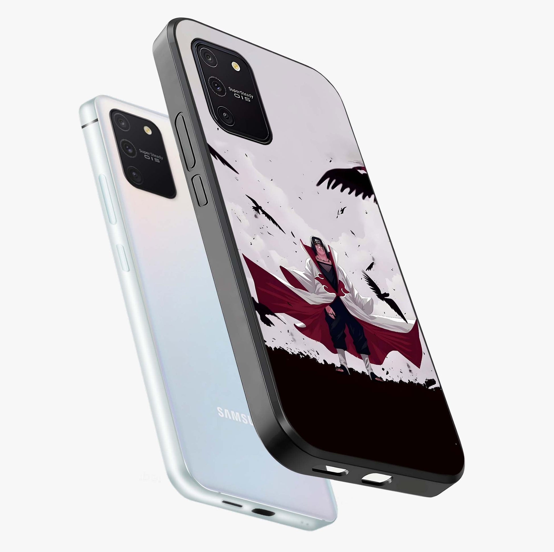 Crimson Crow Ascension Glass Case displayed in angled mockup highlighting powerful crow illustration with dark crimson aesthetic.