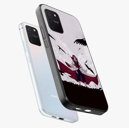Crimson Crow Ascension Glass Case displayed in angled mockup highlighting powerful crow illustration with dark crimson aesthetic.