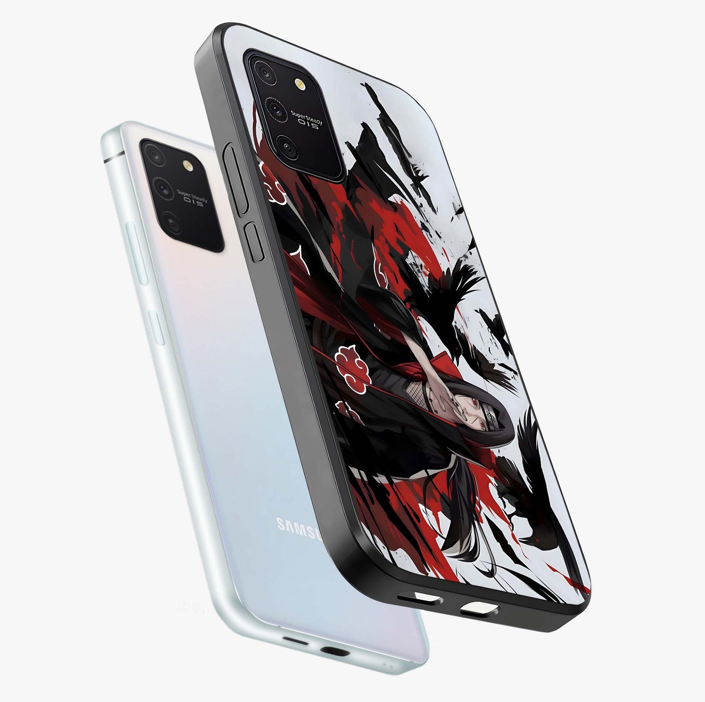 Crimson Crow Illusion Glass Case displayed in angled mockup highlighting mysterious crow graphic with dark aesthetic style.