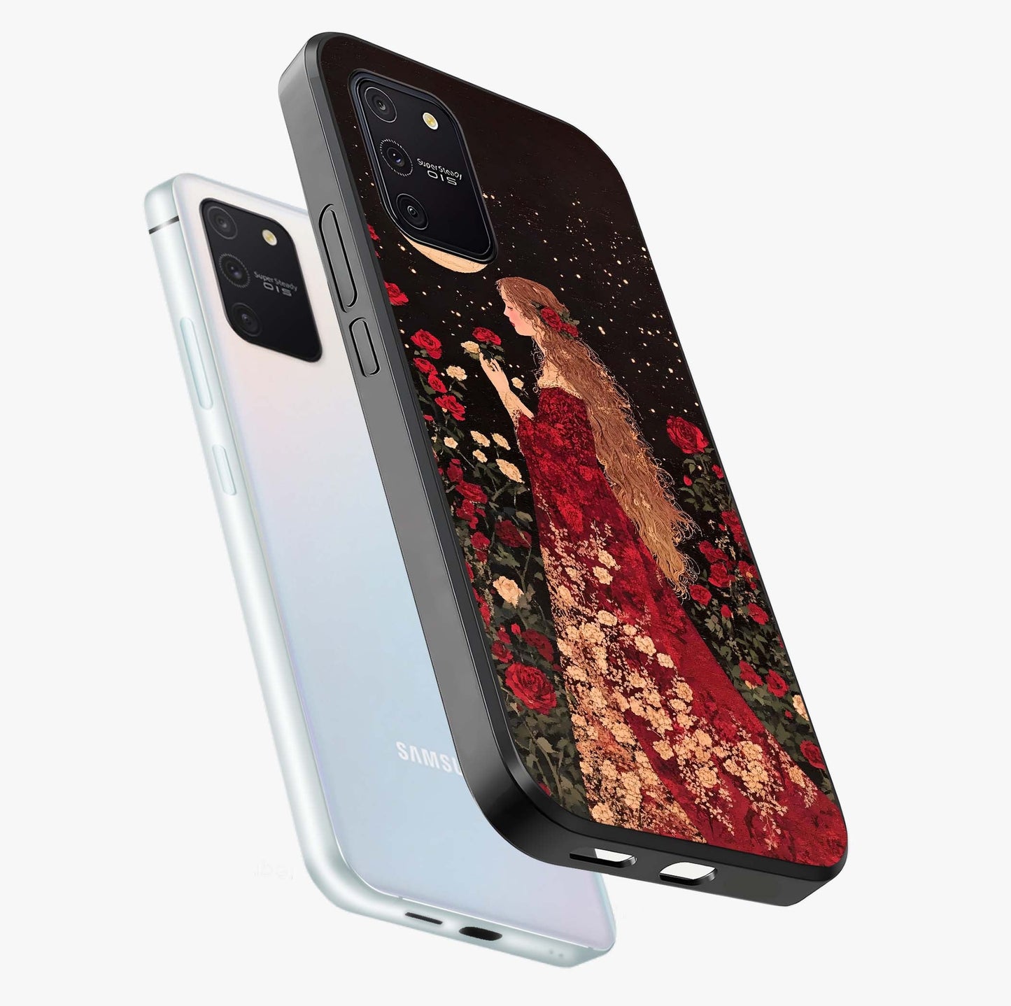 Crimson Dreams Glass Case displayed in angled mockup highlighting soft crimson aesthetic design with artistic theme.