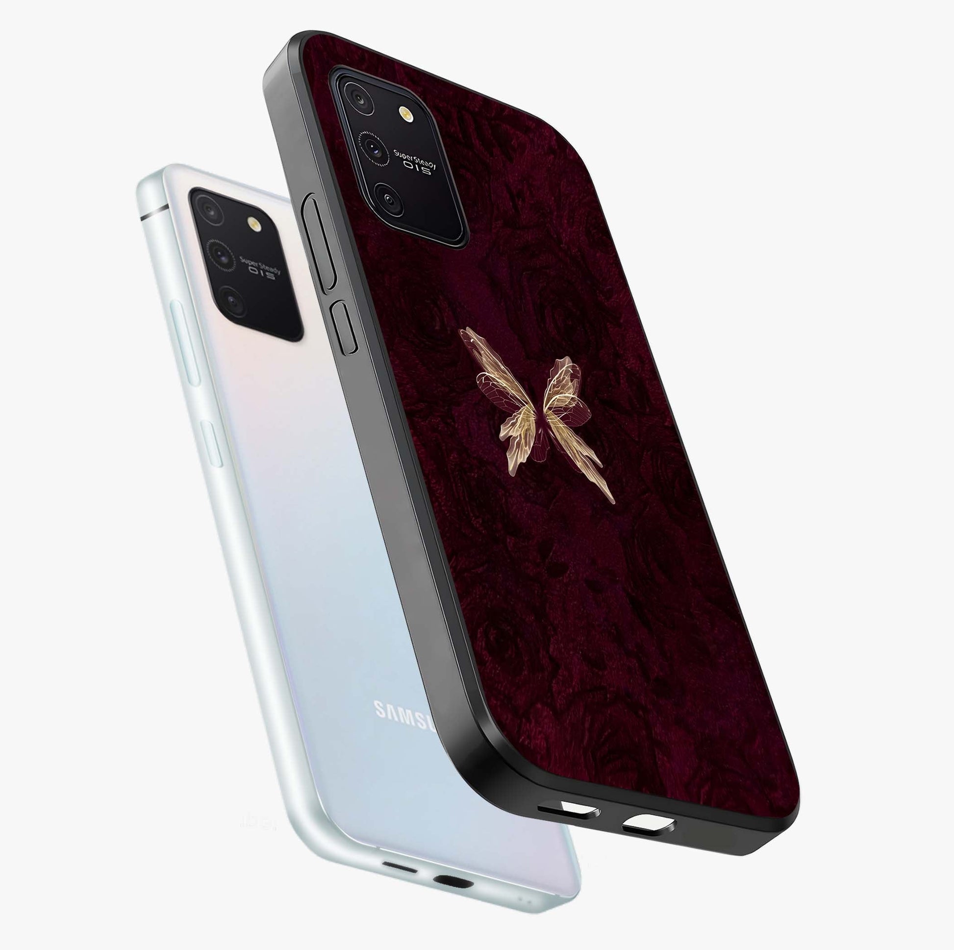 Crimson Fade Butterfly Glass Case displayed in angled mockup highlighting elegant butterfly design with crimson gradient aesthetic.