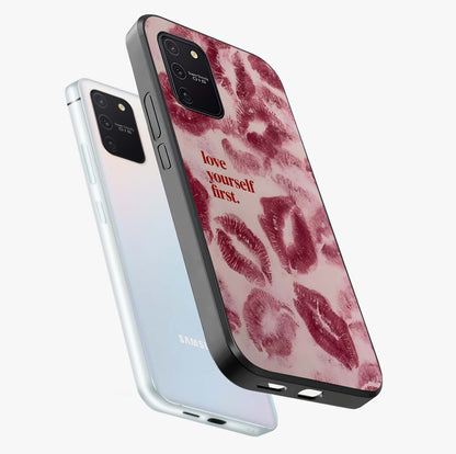 Crimson Kiss Love Glass Case displayed in angled mockup highlighting bold love inspired design with modern aesthetic style.