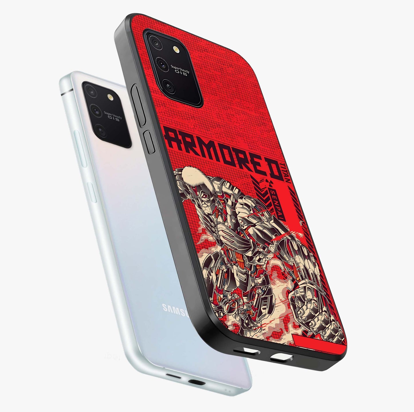 Crimson Mecha Titan Glass Case displayed in angled mockup highlighting futuristic mech illustration with bold crimson aesthetic.