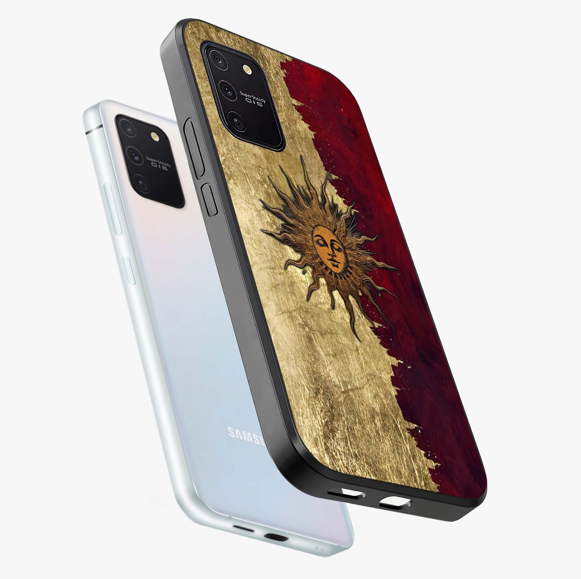 Crimson Sun Majesty Glass Case displayed in angled mockup highlighting majestic crimson sun design with bold aesthetic style.