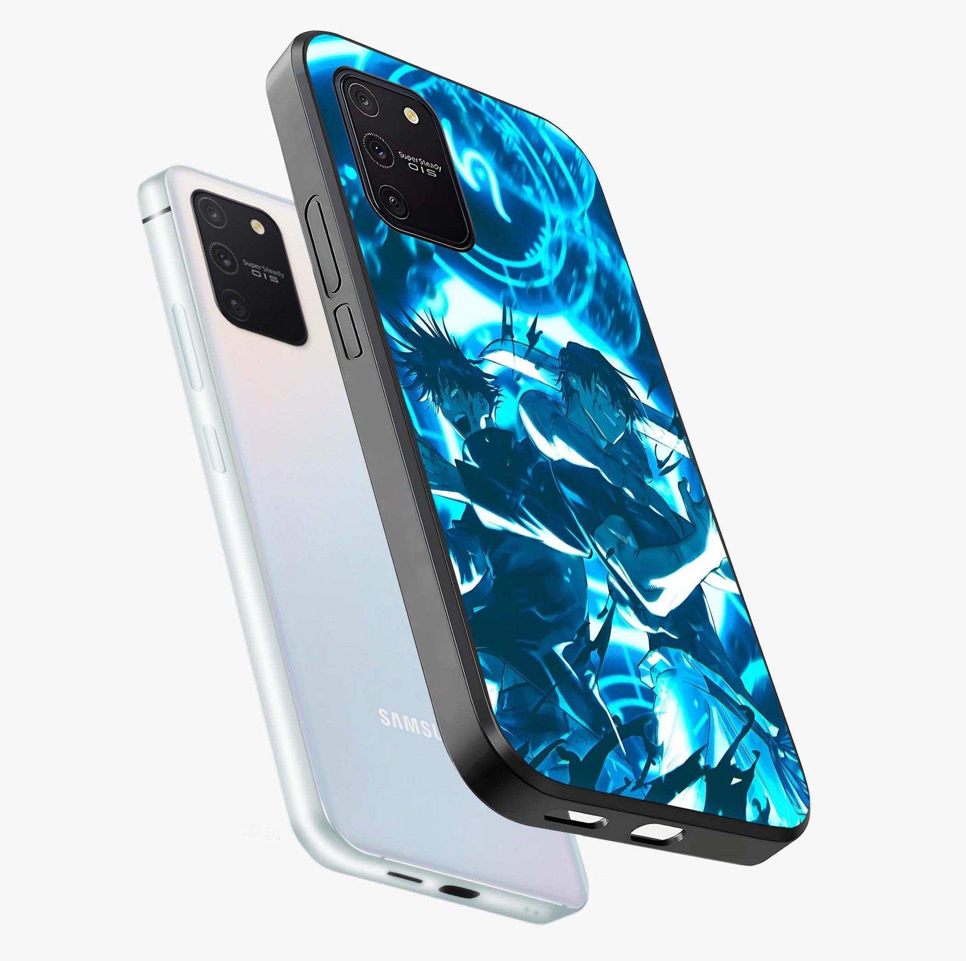 Cursed Energy Clash Glass Case displayed in angled mockup highlighting powerful battle inspired graphic with anime style aesthetic.