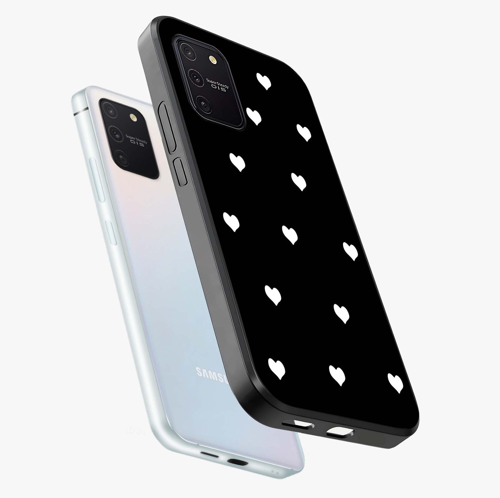 Cute And Simple White Hearts Glass Case displayed in angled mockup highlighting cute heart design with clean aesthetic style.