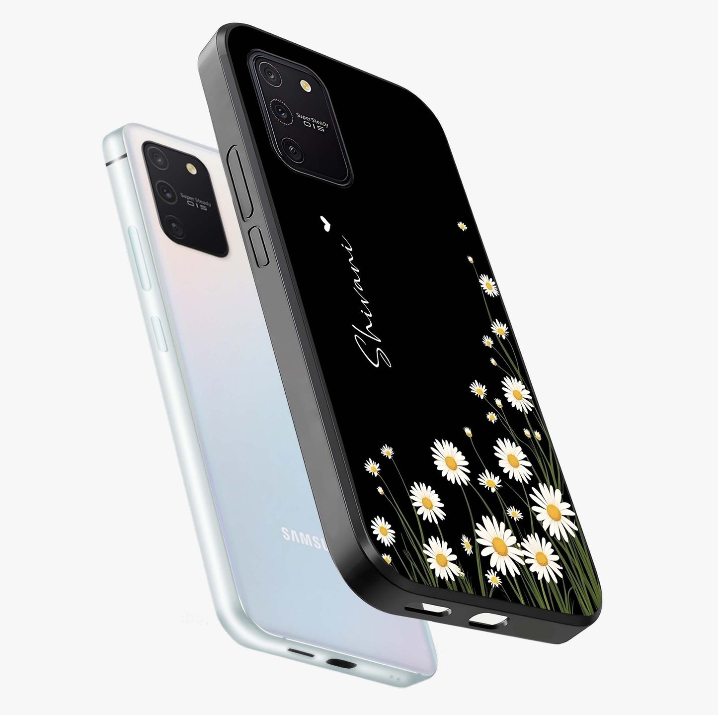 Daisy Cascade Custom Name Glass Case displayed in angled mockup highlighting delicate daisy artwork with custom name feature.