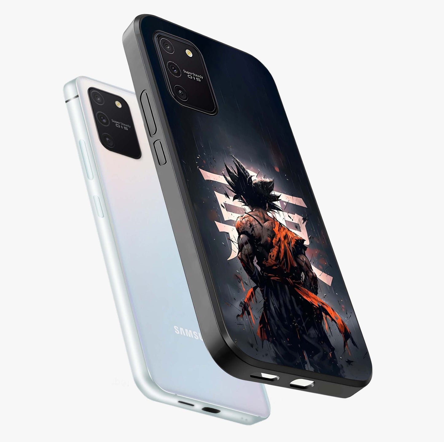 Dark Warrior In Rain Glass Case displayed in angled mockup highlighting dramatic warrior illustration with dark rain aesthetic.