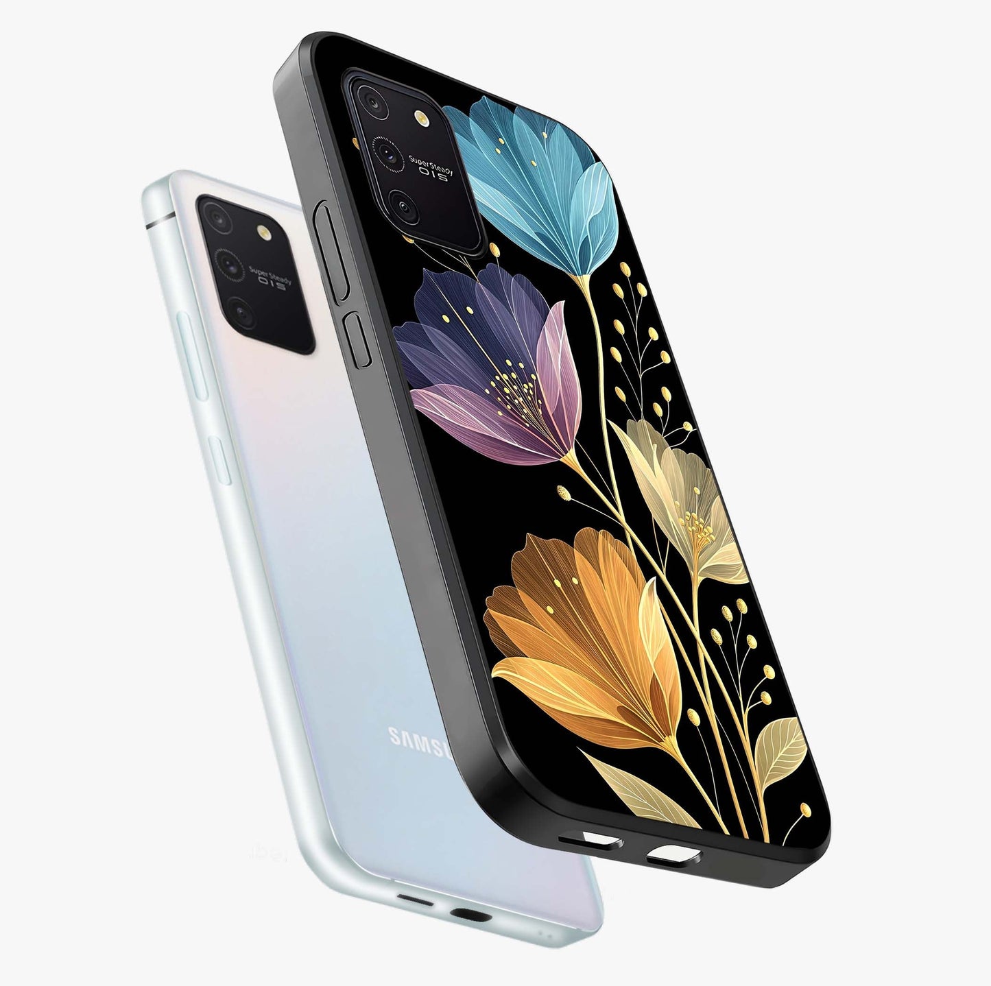 Delicate Multicolor Flowers Glass Case displayed in angled mockup highlighting colorful flower pattern with soft aesthetic style.