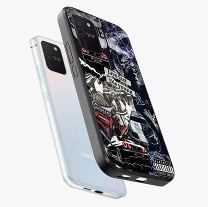 Die Young Glass Case displayed in angled mockup highlighting expressive graphic artwork with edgy aesthetic style.
