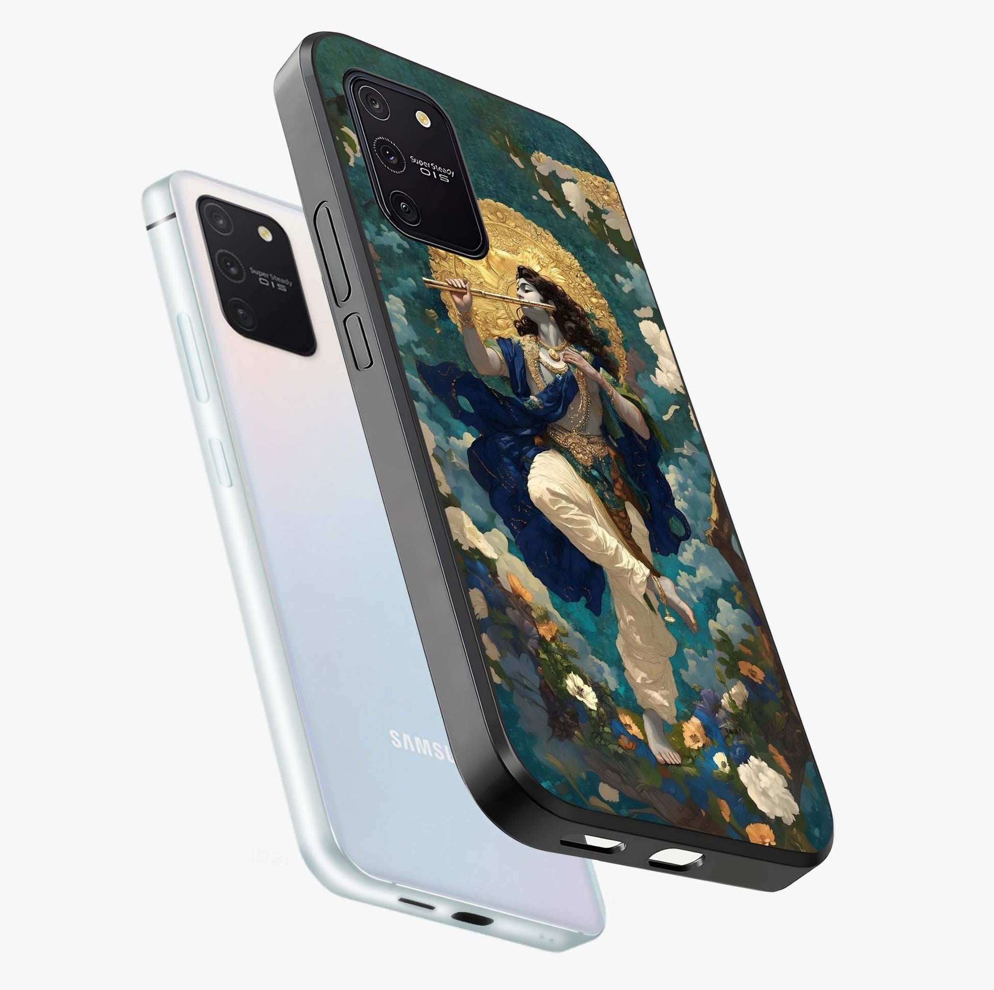 Divine Krishna Art Glass Case displayed in angled mockup highlighting spiritual Krishna illustration with devotional aesthetic.