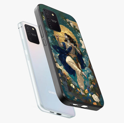Divine Krishna Art Glass Case displayed in angled mockup highlighting spiritual Krishna illustration with devotional aesthetic.