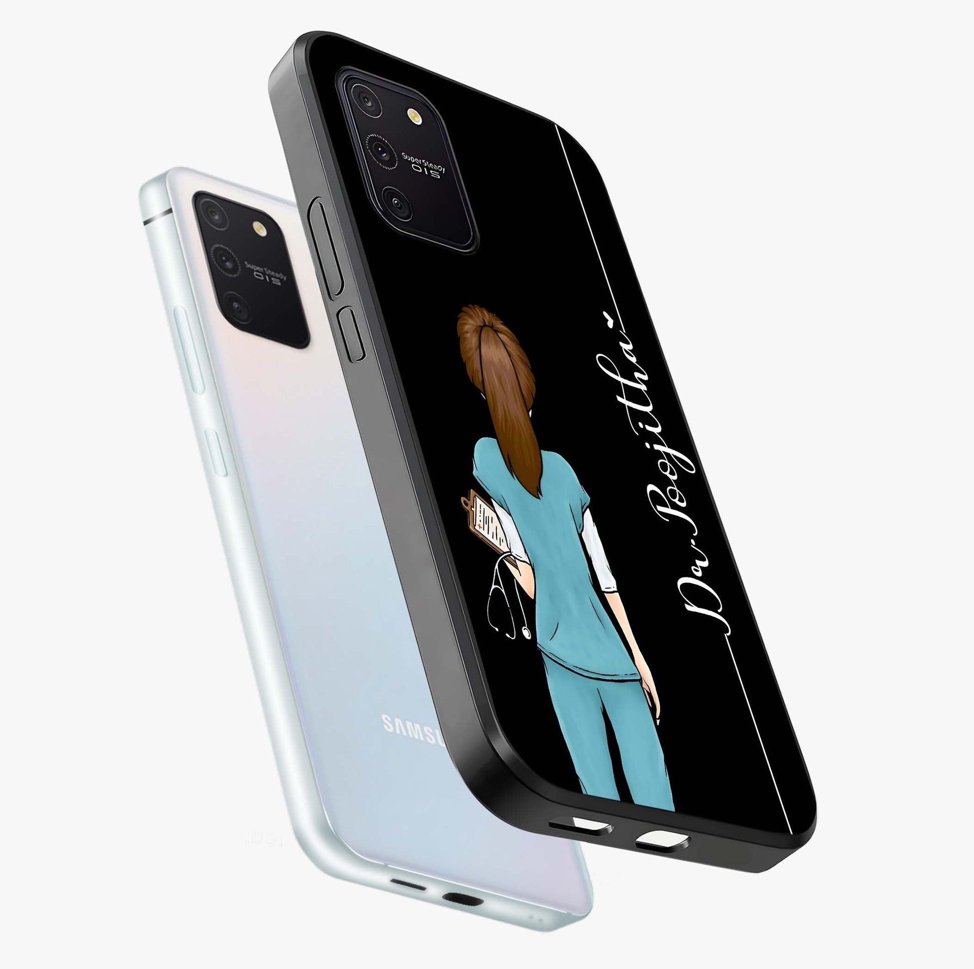 Doctor Pattern Custom Name Glass Case displayed in angled mockup highlighting doctor inspired artwork with custom name feature.