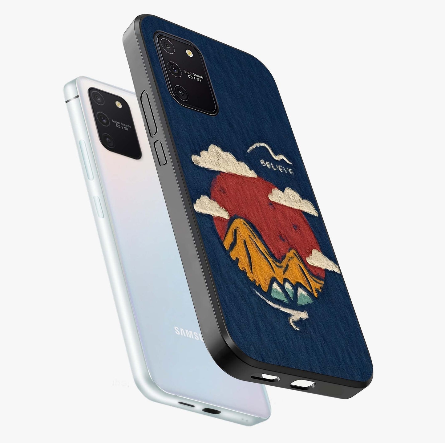 Dream Beyond Mountains Glass Case displayed in angled mockup highlighting dreamy mountain illustration with peaceful aesthetic.