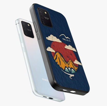 Dream Beyond Mountains Glass Case displayed in angled mockup highlighting dreamy mountain illustration with peaceful aesthetic.