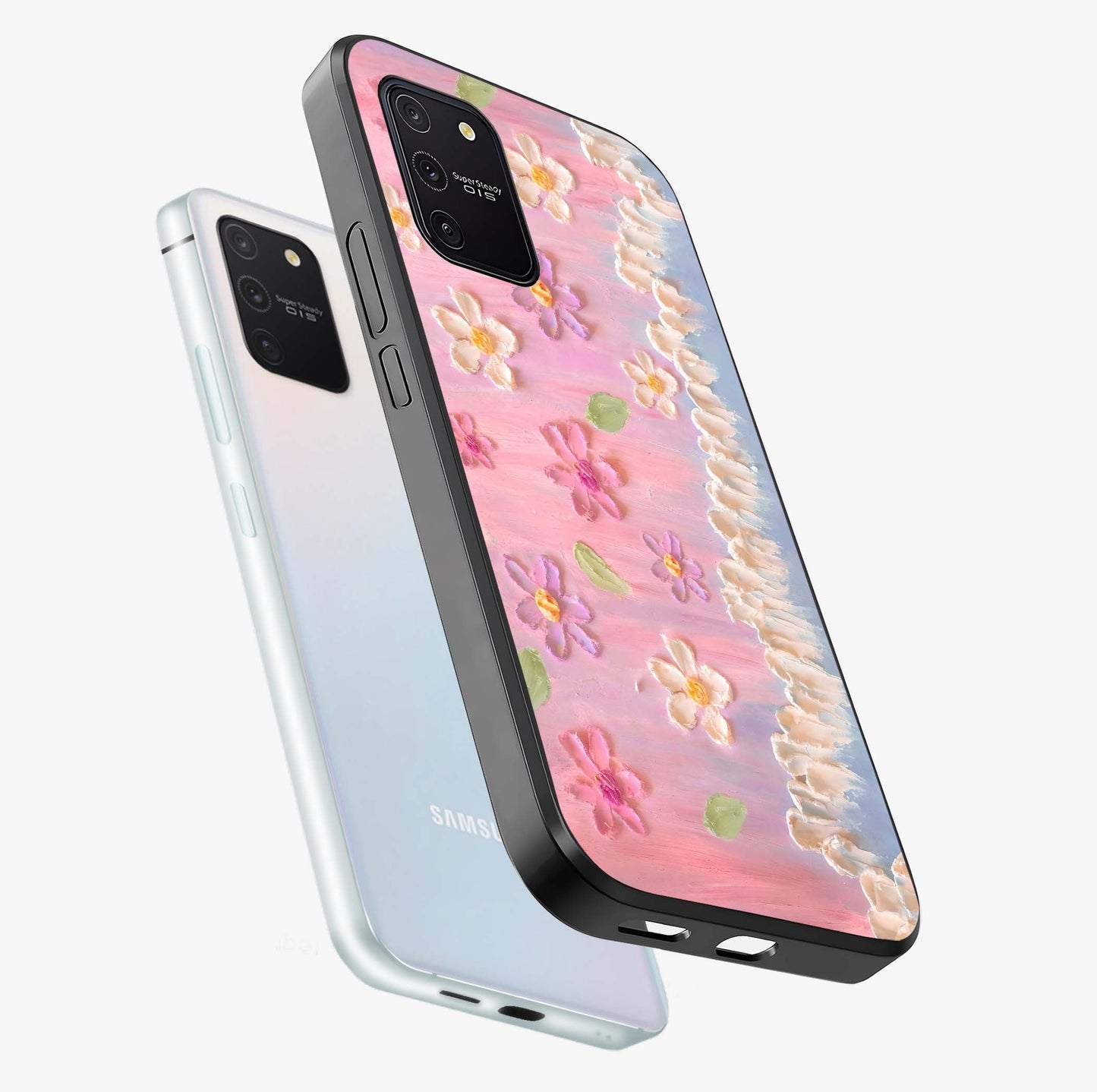 Dreamy Painted Garden Glass Case displayed in angled mockup highlighting colorful garden illustration with dreamy aesthetic style.