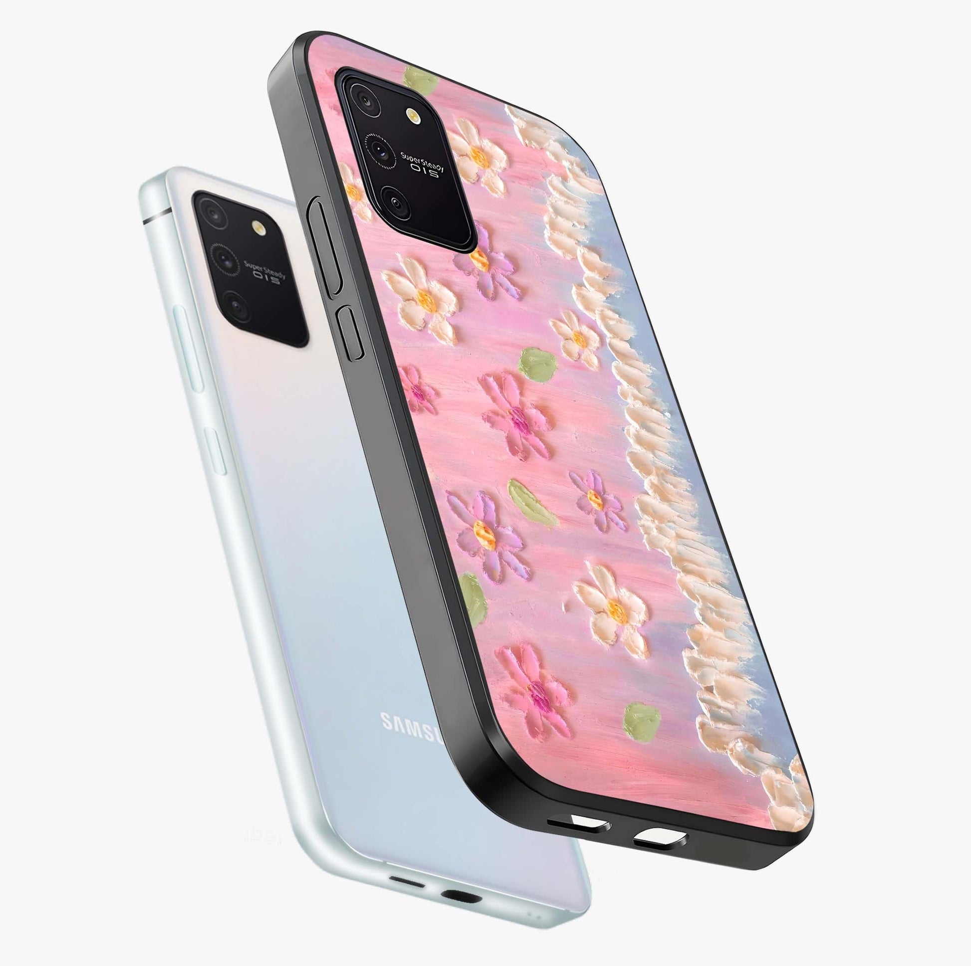Dreamy Painted Garden Glass Case displayed in angled mockup highlighting colorful garden illustration with dreamy aesthetic style.