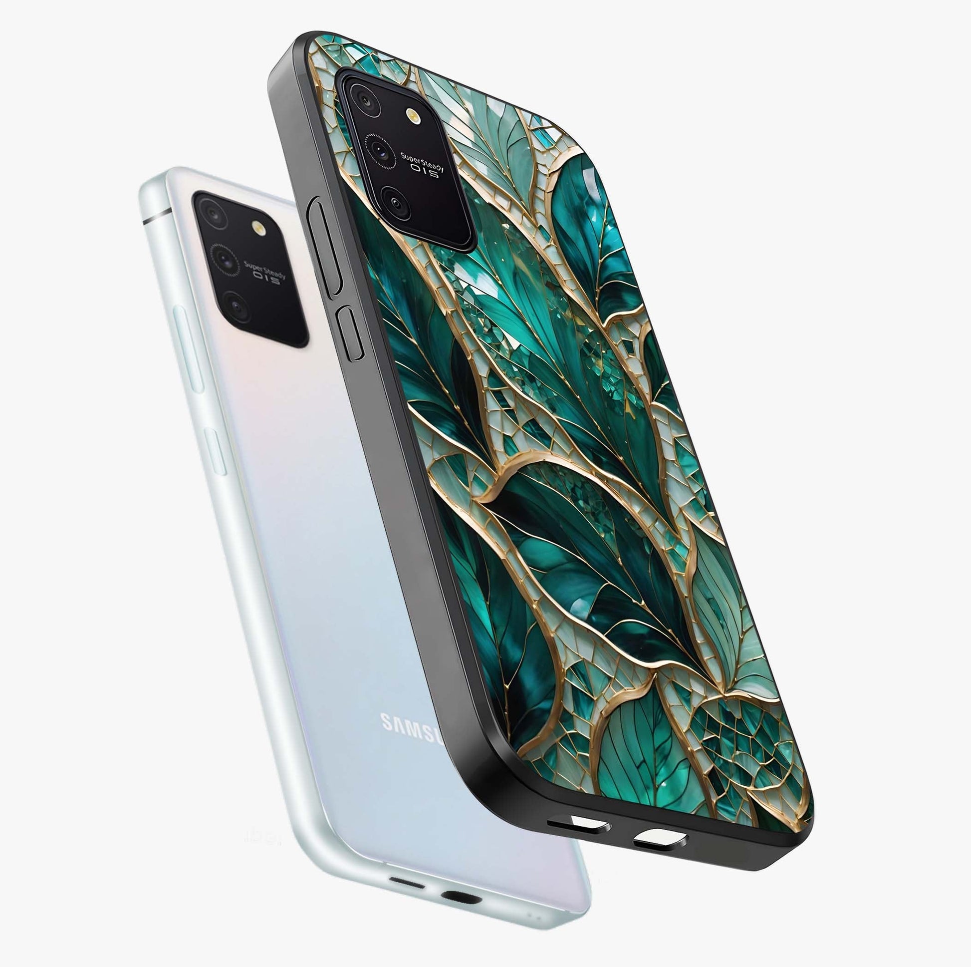 Emerald Leaf Glass Glass Case displayed in angled mockup highlighting botanical leaf illustration with elegant natural aesthetic.