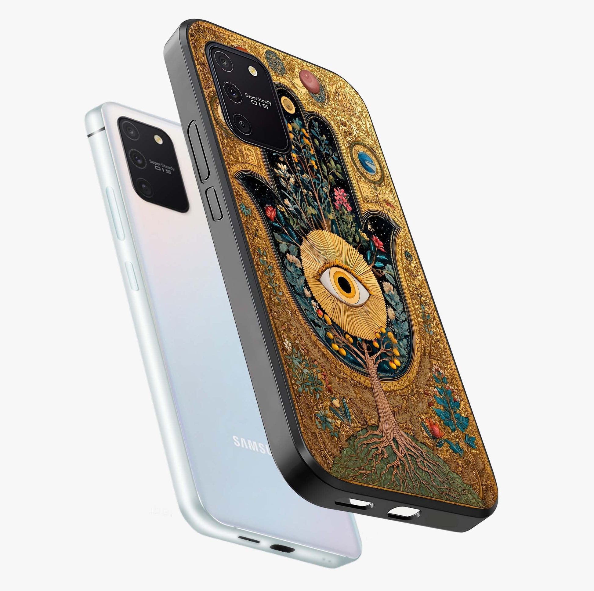Ethereal Evil Eye Glass Case displayed in angled mockup highlighting protective evil eye symbol with spiritual aesthetic design.