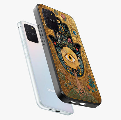 Ethereal Evil Eye Glass Case displayed in angled mockup highlighting protective evil eye symbol with spiritual aesthetic design.