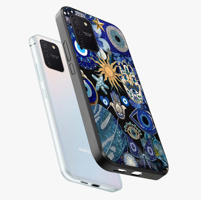 Evil Eye Charm Mix Glass Case displayed in angled mockup highlighting protective evil eye symbols with spiritual aesthetic design.