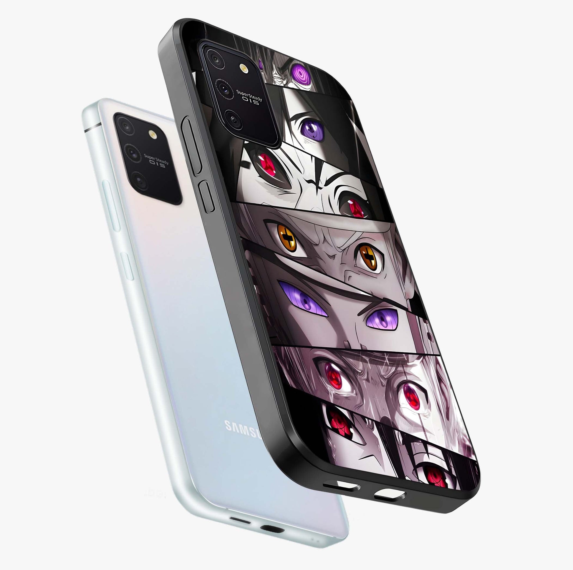 Eyes of Destiny Glass Case displayed in angled mockup highlighting bold eye illustration with mystical aesthetic style.