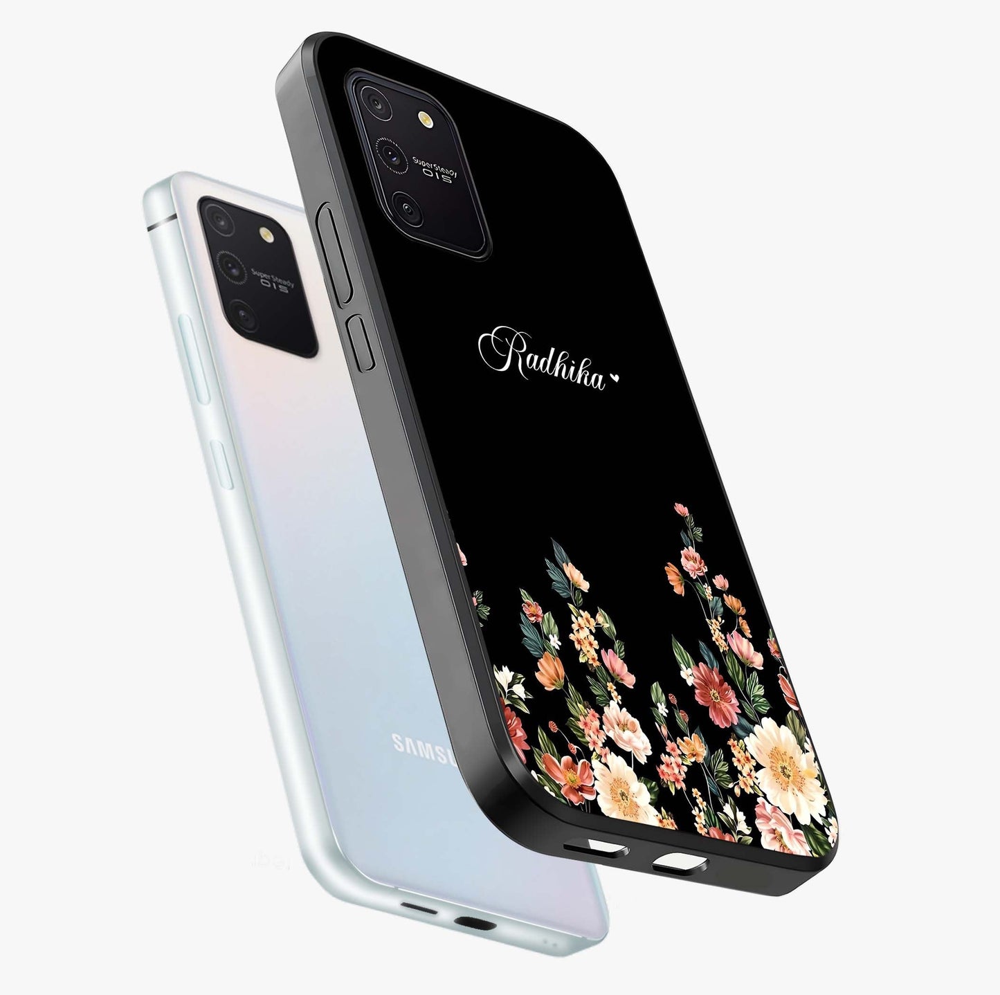 Floral Design With a Custom Personalized Name Glass Case displayed in angled mockup highlighting elegant floral pattern with custom name feature.