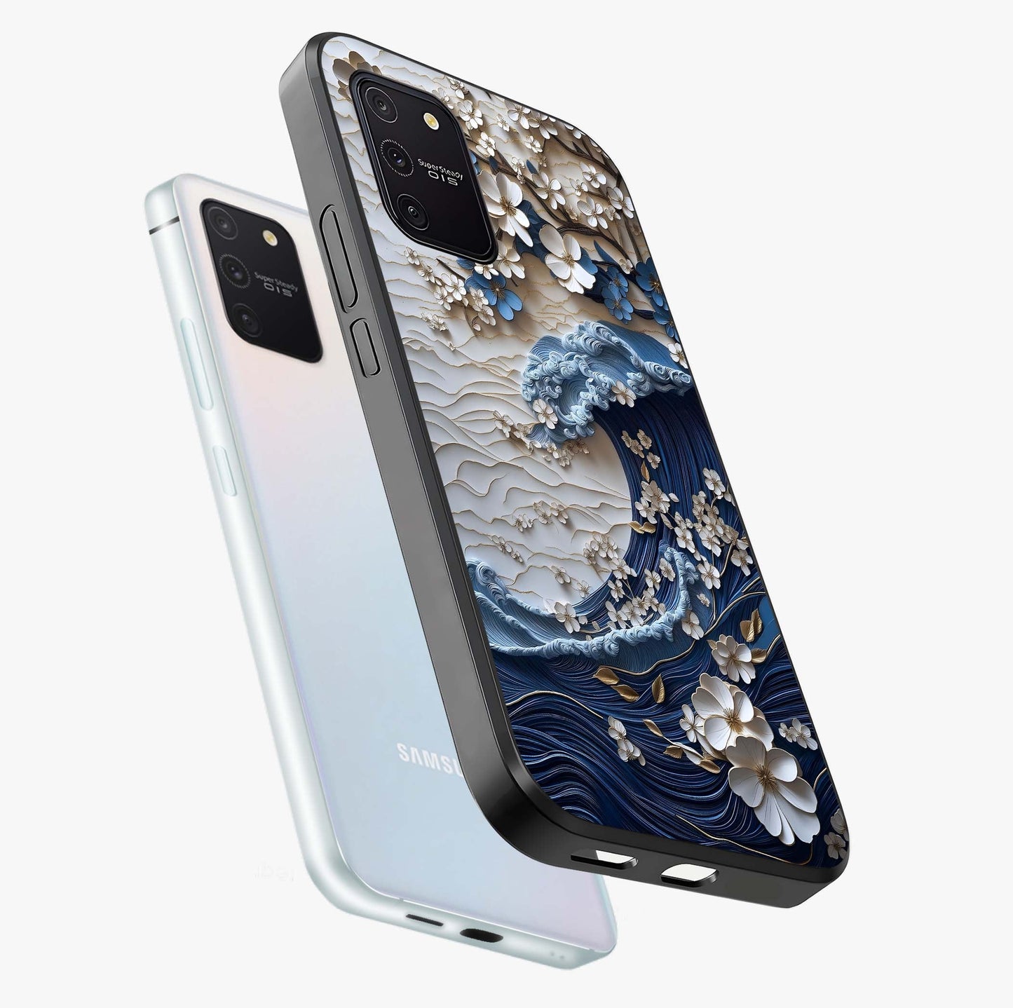Floral Wave Origami Glass Case displayed in angled mockup highlighting geometric origami flower design with modern aesthetic style.