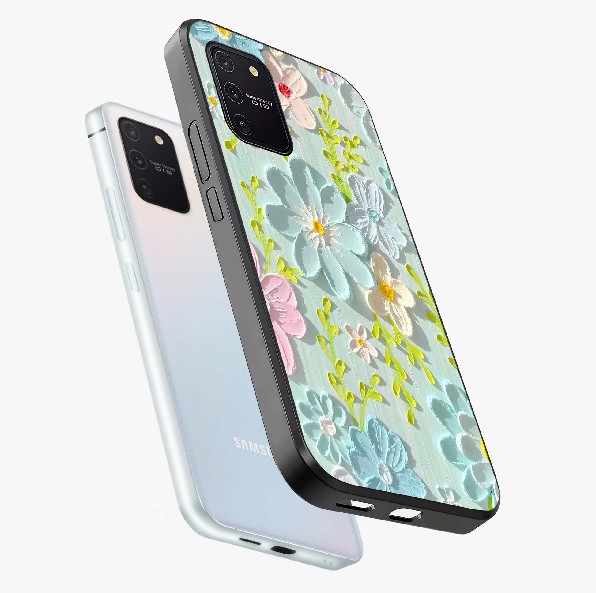 Frosted Petal Garden Glass Case displayed in angled mockup highlighting delicate flower petal design with calm garden aesthetic.
