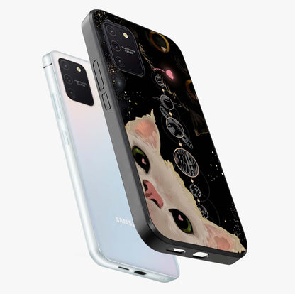 Galactic Cat Glass Case displayed in angled mockup highlighting celestial feline illustration with galaxy aesthetic style.