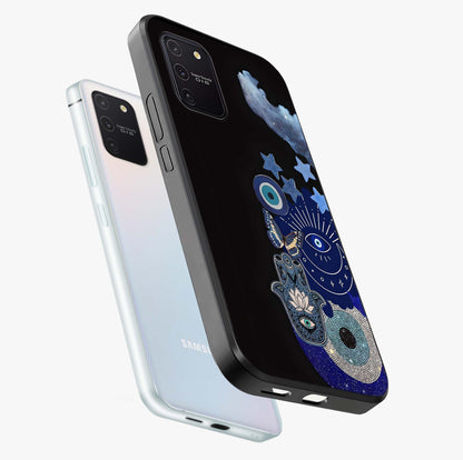 Galactic Charm Cluster Glass Case displayed in angled mockup highlighting luminous galaxy inspired design with dreamy aesthetic.