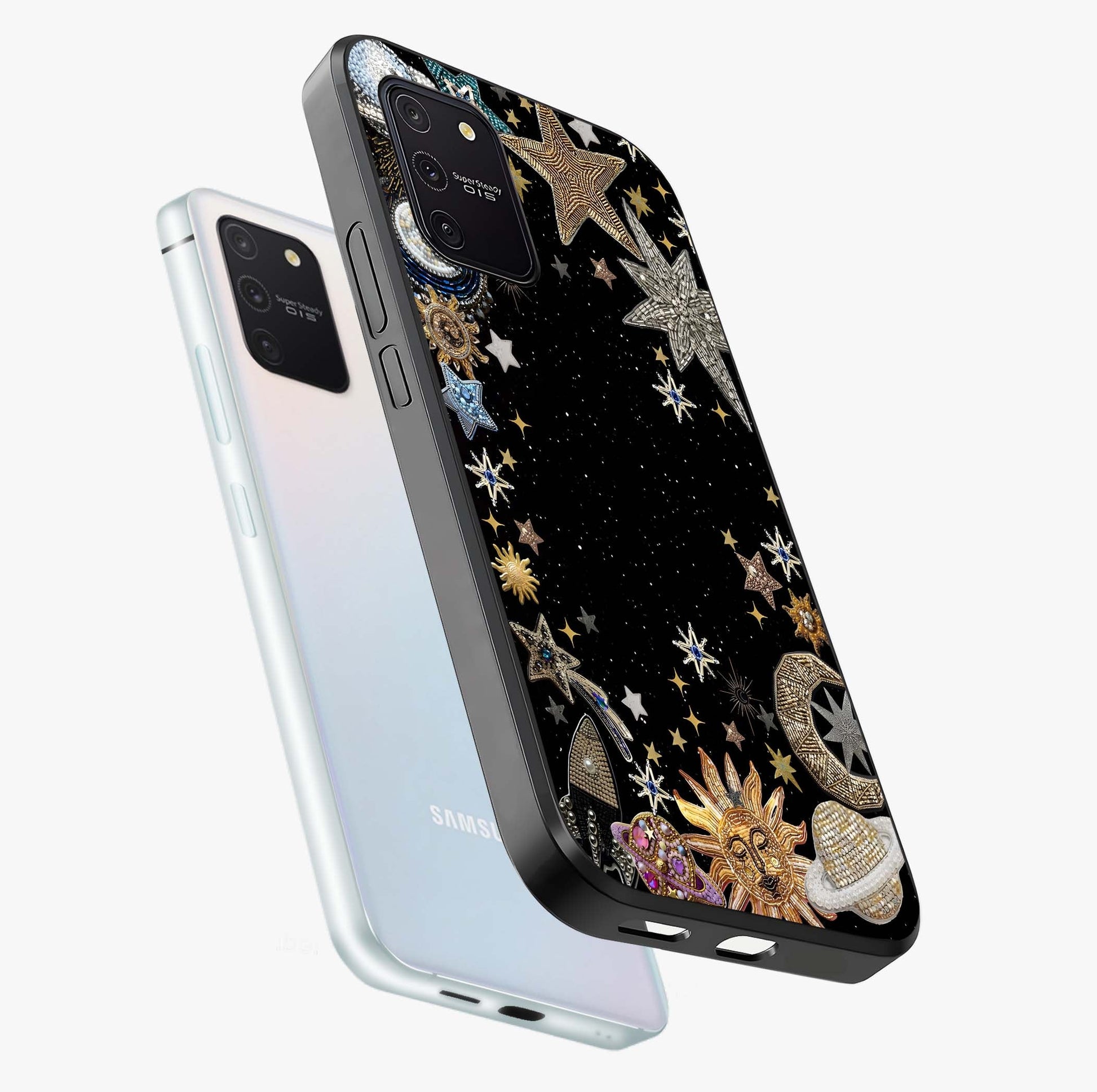 Galactic Jewel Stars Glass Case displayed in angled mockup highlighting shining celestial star design with cosmic aesthetic style.