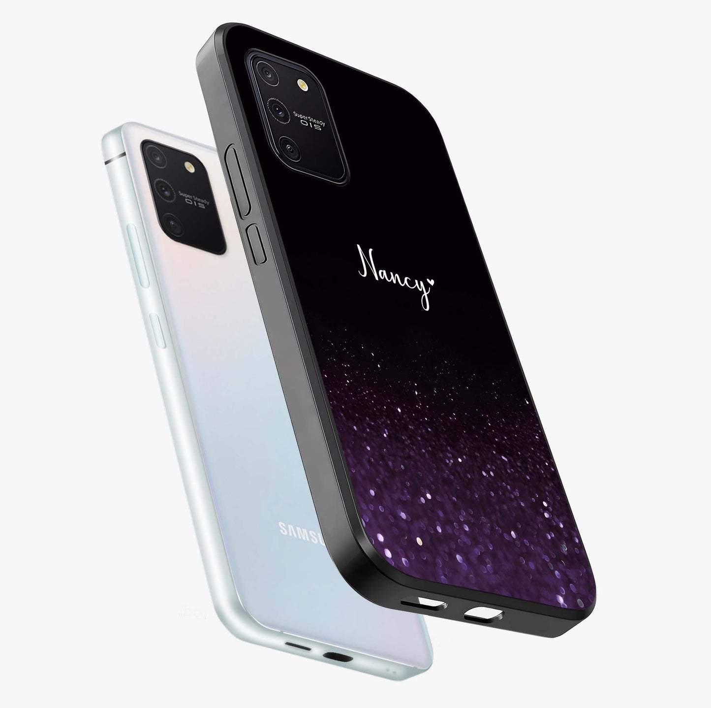 Glittery Purple Bokeh Custom Name Glass Case displayed in angled mockup highlighting glitter bokeh pattern with custom name feature.