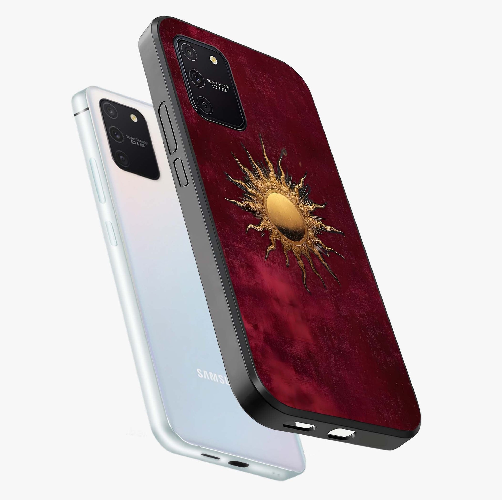 Golden Sun Minimalism Glass Case displayed in angled mockup highlighting clean sun symbol design with modern minimal aesthetic.