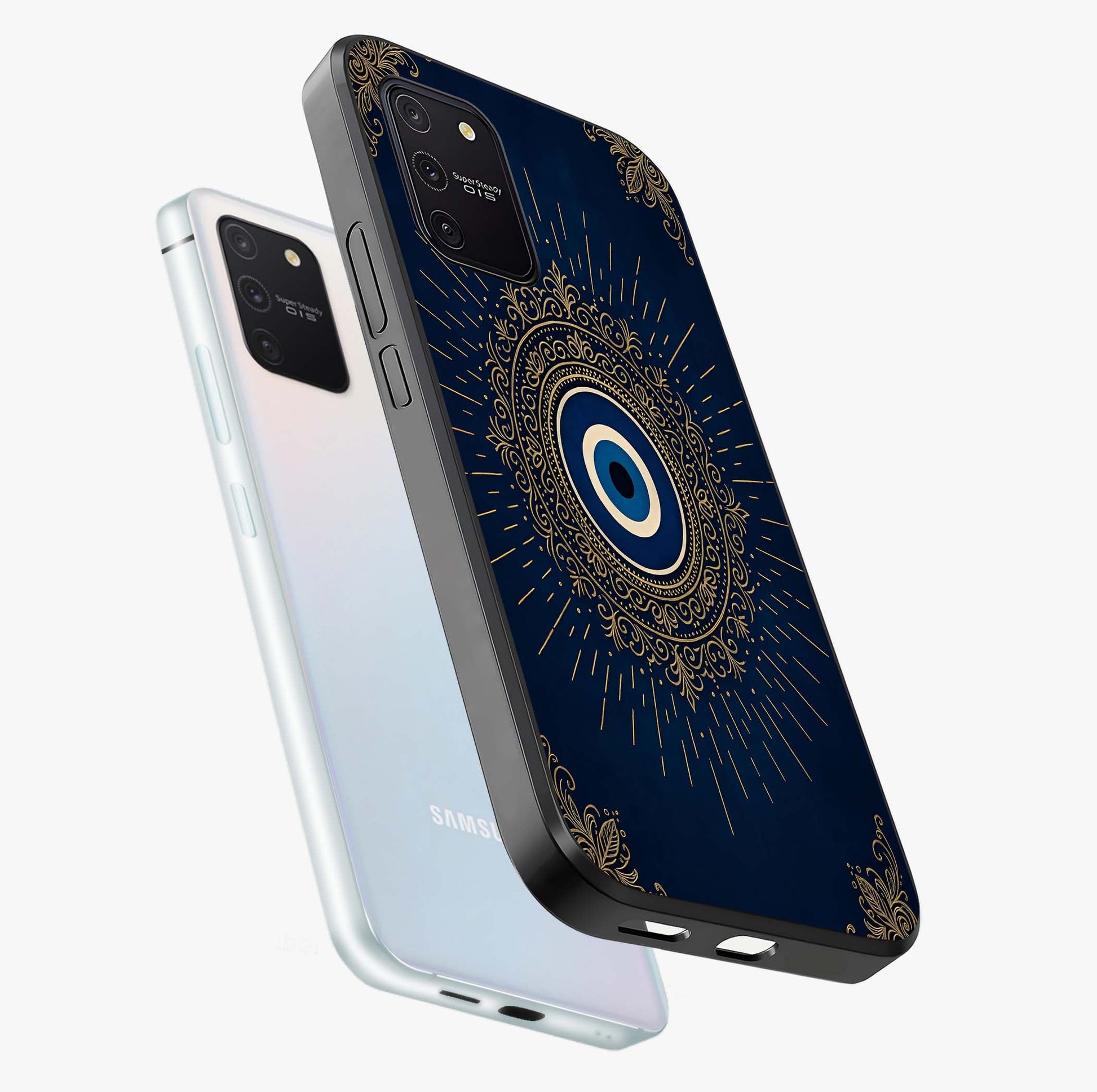 Golden Celestial Charm Glass Case displayed in angled mockup highlighting sparkling cosmic charm design with celestial aesthetic.