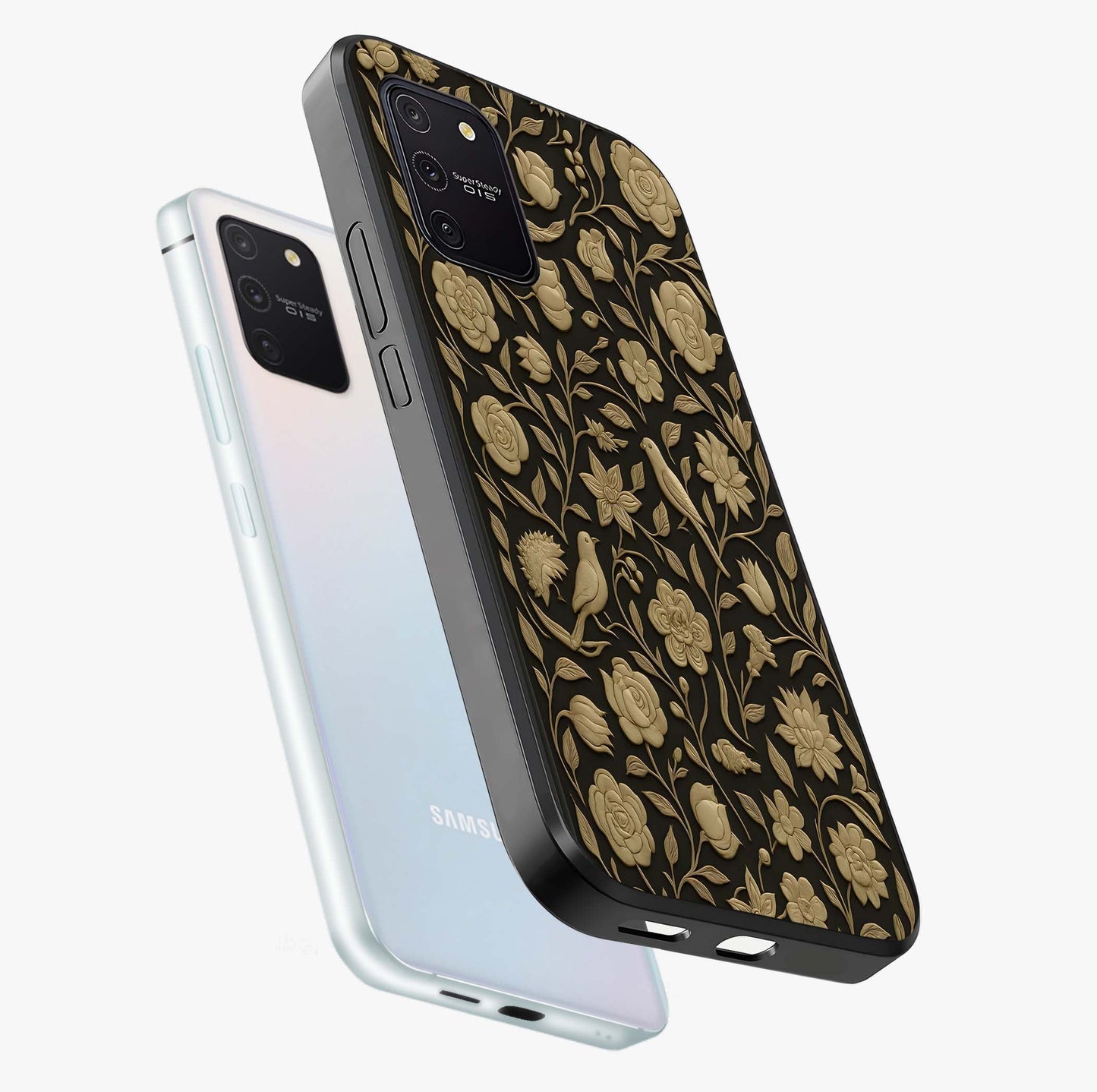 Golden Evil Eye Mandala Glass Case displayed in angled mockup highlighting protective evil eye symbol with golden mandala design.