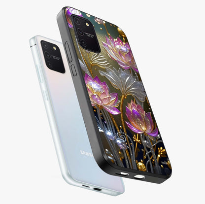 Golden Floral Majesty Glass Case displayed in angled mockup highlighting elegant flower design with royal golden aesthetic.