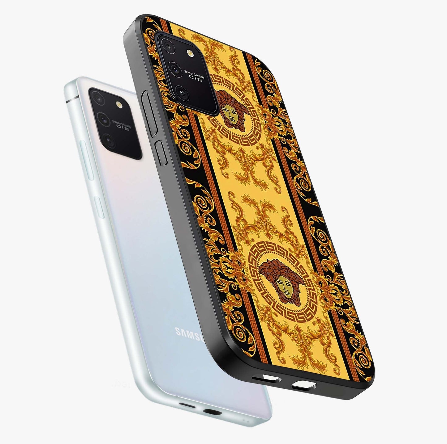 Golden Lotus Glow Glass Case displayed in angled mockup highlighting radiant lotus illustration with spiritual aesthetic.