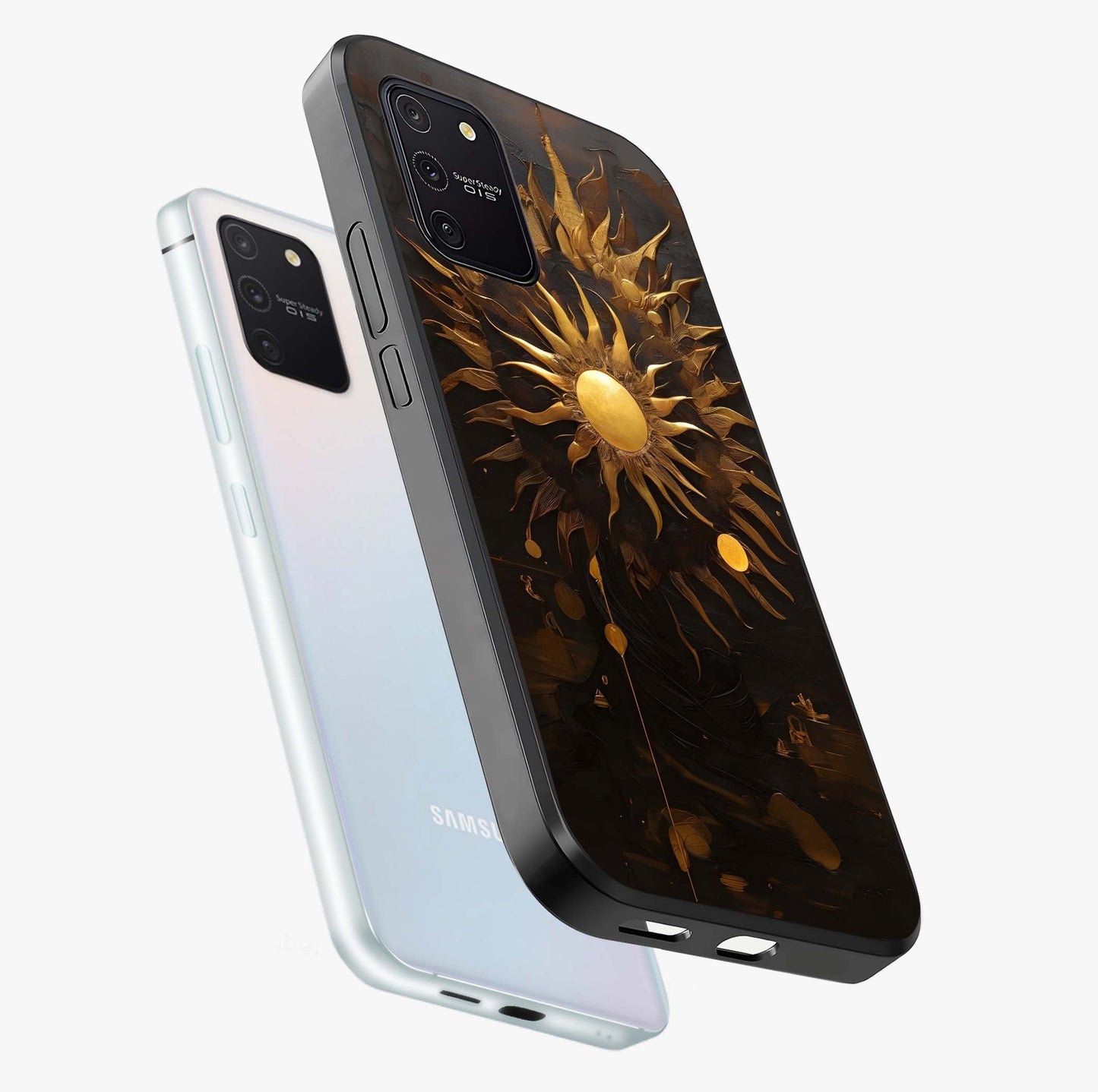 Golden Sun Majesty Glass Case displayed in angled mockup highlighting eerie shadow illustration with gothic aesthetic.